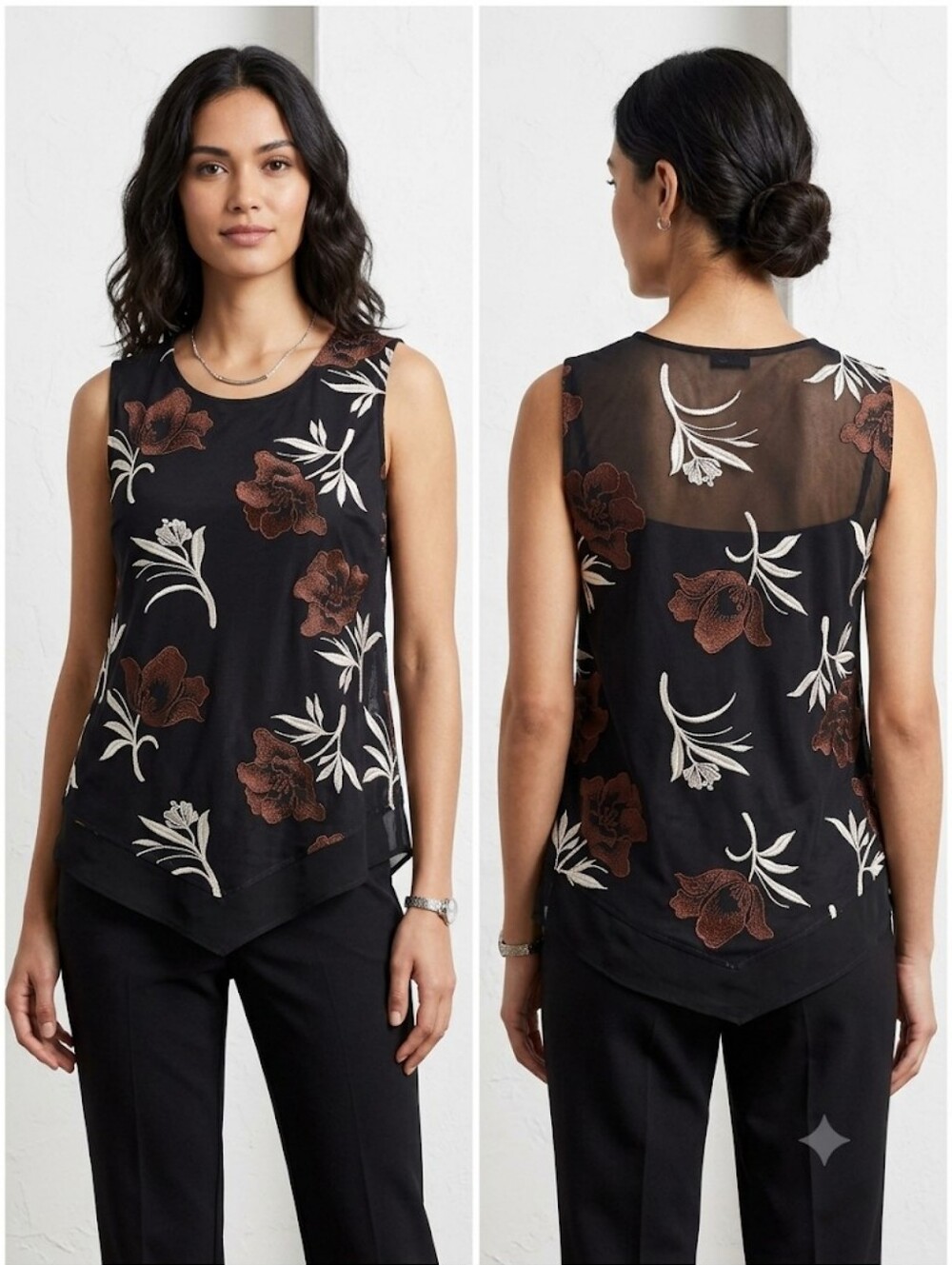 Alfani Black Floral Embroidered Sleeveless Blouse With Pointed Hem